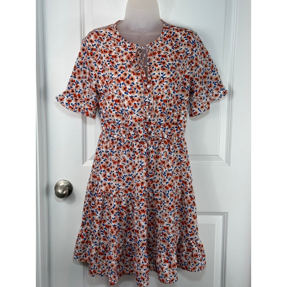 KIRUNDO Womens Floral Print Short‎ Sleeve Tie Neck Tiered Ruffle Dress Small S